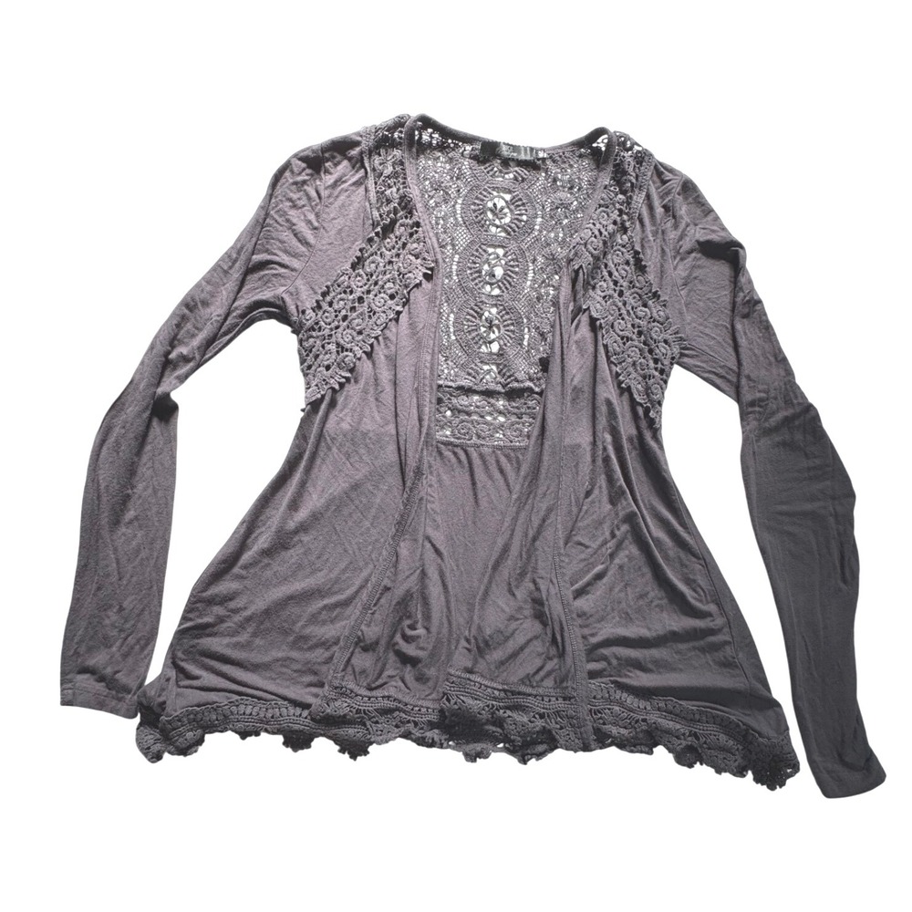 BKE Boutique Crochet Lace Long Sleeve Tunic Top Gray XS